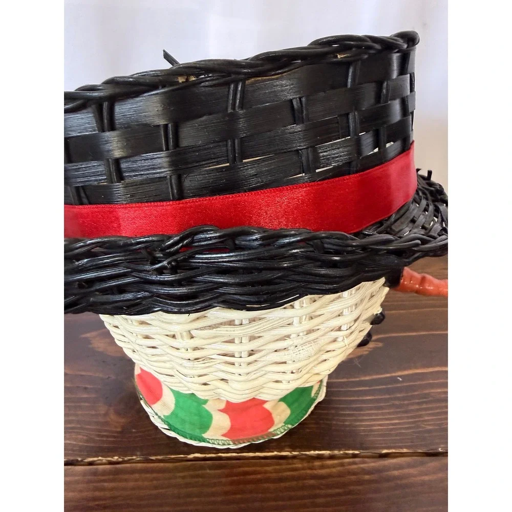 Vintage Snowman Wicker Basket Christmas Holiday Decor Top Hat Scarf 7‎ Inch